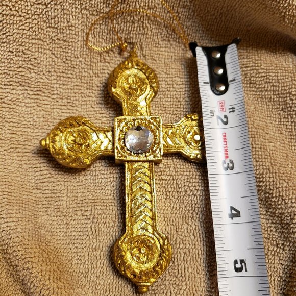 Christmas Ornament Gold Cross with White Faux Gem ~ 2 AVAILABLE - Picture 1 of 4
